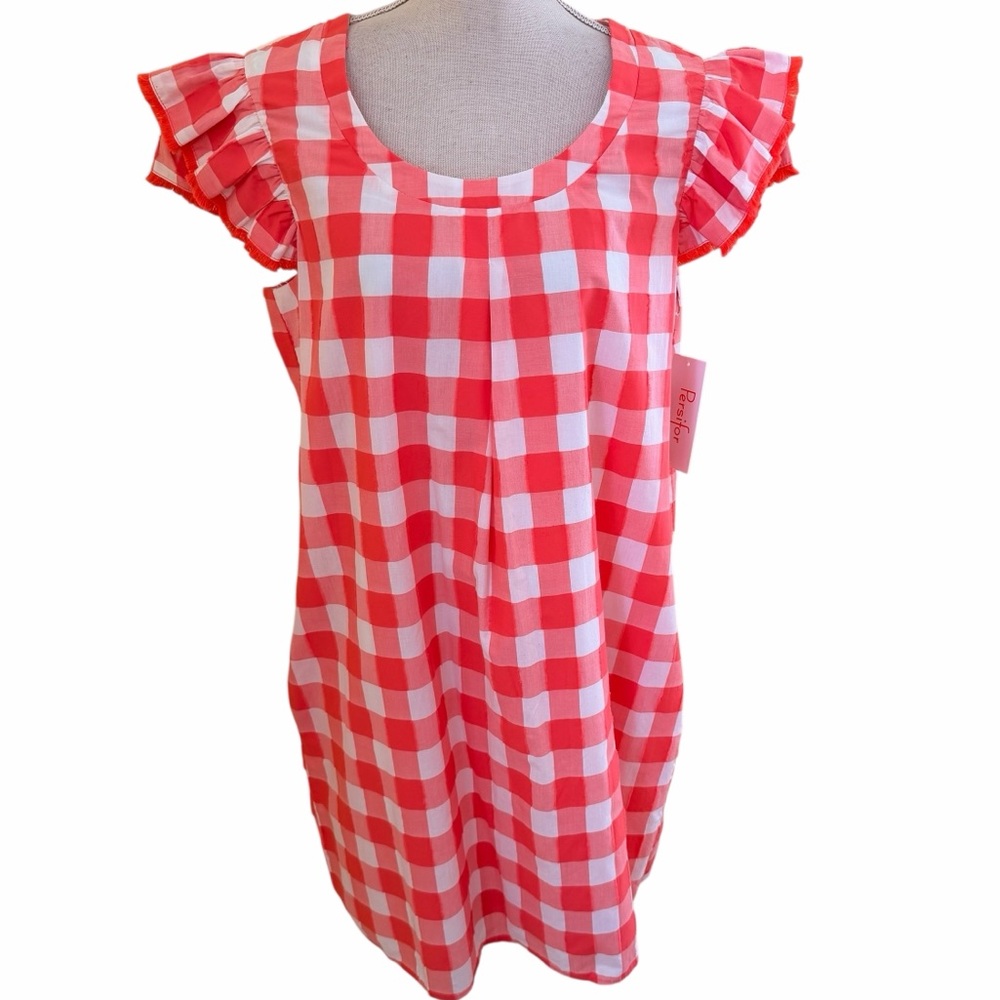 Persifor Clare Red(Coral)/White Gingham Cotton Ruffle Sleeve Shift Dress XL